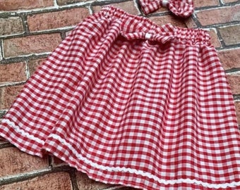 Girls school uniform Red Gingham Skirt Set & Matching HairBow Comes On Clip