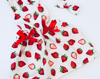 Girls Strawberry Pinifore Dress & Free Matching Hair bow Photo Shoot/Easter/Birthday/Cake Smash