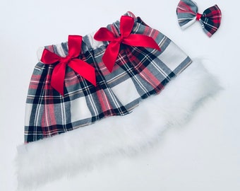 Handmade Christmas Girls  Tartan Skirt With Attached White  Fur Trim Comes With Free  Matching HairBow /Birthday/Photo Shoot