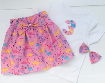 Handmade Girls Dinosaur Skirt With Matching   Top & Matching HairBow /Birthday Party /Photo Shoot /Baby Shower