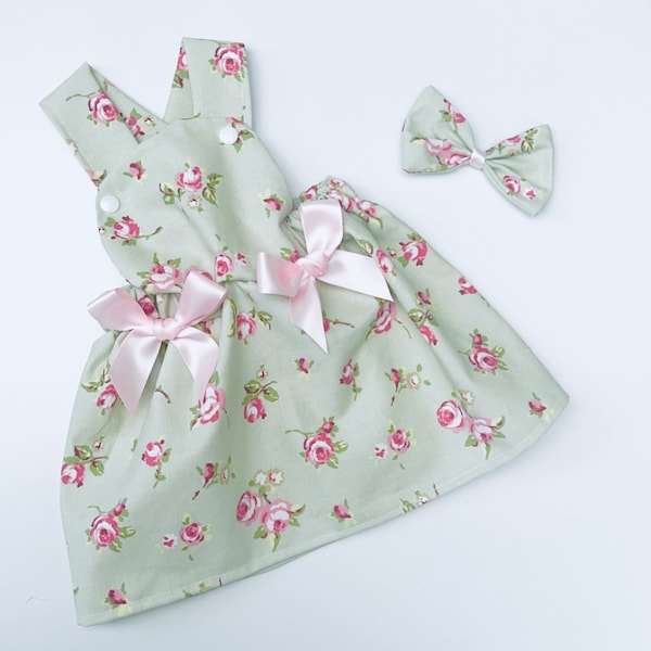 Handmade Girls Pinifore Floral Dress & Matching HairBow/Birthday/Easter/Photo Shoot/Party/Holiday/Wedding
