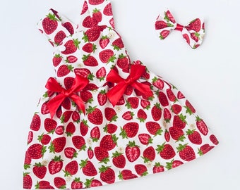 Girls Strawberry Pinifore Dress & Matching Hair bow Photo Shoot/Easter/Birthday/Cake Smash