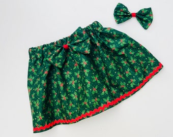 Handmade  Christmas Holly  Skirt Comes With Matching HairBow /Photo Shoot/Birthday/Wedding
