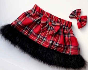 Handmade Christmas Girls Red Tartan Skirt Comes Wirh Free Matching HairBow & Attached Black Fur Trim/Photo Shoot