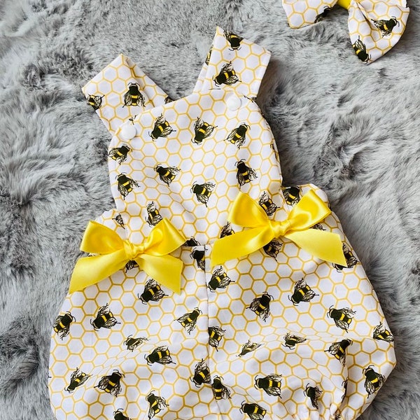 Handmade Girls Bee Romper And Matching HairBow/Photo Shoot/Easter/Birthday/Party