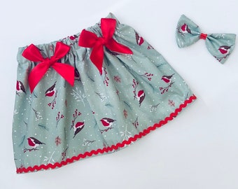 Handmade  Christmas Robin Skirt Comes With Matching HairBow /Photo Shoot/Birthday/Wedding