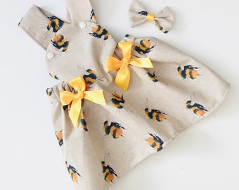 Handmade Girls  Bee Dress & Free Matching Hair Bow /Photo Shoot/Birthday/Easter/Party