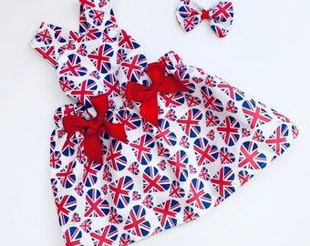 Handmade Girls  Union Jack Hearts Dress Free Matching Hair Bow Photo Shoot /Coronation Day/England Game