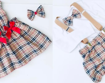 Handmade Beige Tartan  Girls Dress & Boys Matching Shorts  Sets/ Wedding /Birthday /Christening/Photo Shoot/Brother/Sister