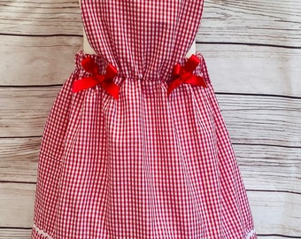 Girls handmade school uniform Red Gingham Dress & Free Matching Hair-bow