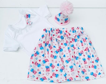 Handmade Peppa Pig Print Hat Skirt & HairBow With  Matching Body suit/T-Shirt Top /Photo Shoot /BirthdayParty /Cake Smash