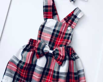 Handmade Christmas Girls Scottish Stewart Red And White Tartan Dress With Matching HairBow Photo Shoot/Birthday/Wedding