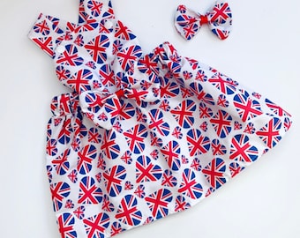 Handmade Girls  Ynion Jack  Hearts Dress & Free Matching Hair Bow Photo Shoot// England Game