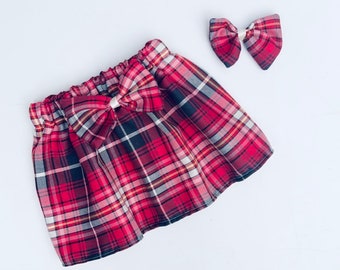 Handmade Christmas Girls  Rasberry Pink & Grey Tartan Skirt Matching HairBow/Photo Shoot/Christening/Wedding