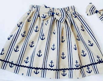 Handmade Anchor  Girls Skirt & Free Matching HairBow Comes On Clip Or Headband