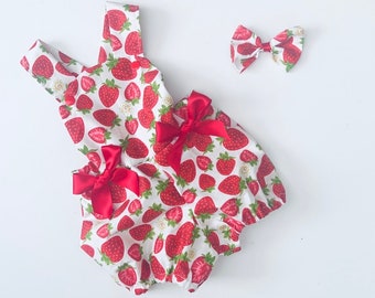 Handmade Girls Strawberry Romper With Free Matching HairBow Birthday/Photo Shoot/Party/Wedding/Easter