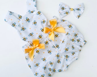 Girls Bumble Bee Romper & Free Matching Hair Bow /Photo Shoot/Birthday/Easter/Party