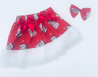 Girls Christmas Santa Fur  Skirt Matching HairBow/Photo Shoot/Party/Christmas