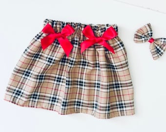 Handmade Girls Beige  Tartan Skirt Matching HairBow Birthday/Photo Shoot/Wedding/Christening