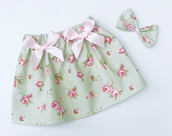 Handmade Girls Floral Rose  Skirt & Free Hair bow Photo Shoot /Easter/Birthday