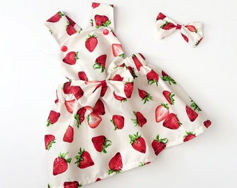 Girls Strawberry Pinifore Dress & Free Matching Hair bow Photo Shoot/Easter/Birthday/Cake Smash
