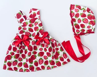 Girls Strawberry Pinifore &Matching Bonnet Photo Shoot/Easter/Birthday/Cake Smash