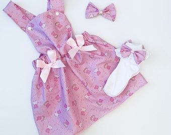 Handmade Girls Pig Print Dress Matching HairBow & Socks/Birthday/Easter/Photo Shoot/Cake Smash/Party