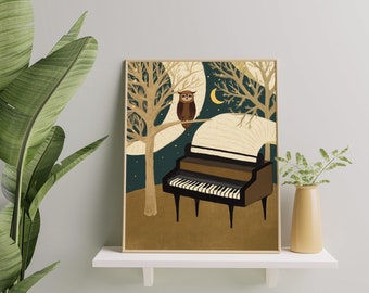 Piano And Owl In The Woods - Music In The Forest - Wall Art Digital Illustration (Digital File)
