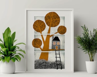 Black and Orange Treehouse Wall Art Digital Print (Digital File)