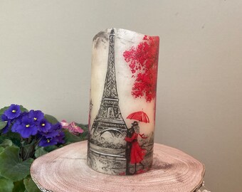 LED Candle "Love in Paris" -  St Valentine's day gift idea - home decoration hand decorated - France - romantic art candles - decoupage