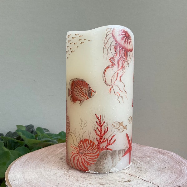 LED Candle "Coral reef" - sea themed flameless candle with handmade decoration and 3D bubbles - hand decorated art wax candles - decoupage