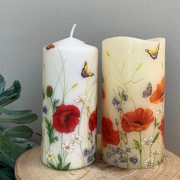 Candle "Wildflowers breeze" -  floral pillar wax candle - flowers red poppy and butterfly - gift - home decoration - unique hand decorated