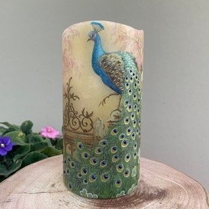 LED Candle "Vintage peacock" - hand decorated art candle wit hand painted 3D details - gift idea home decoration - decoupage candles