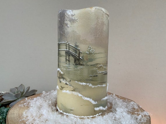 FLAMELESS LED CHRISTMAS SCENE REAL WAX PILLAR CANDLE 4 SCENES AVAIL. GREAT  GIFT!