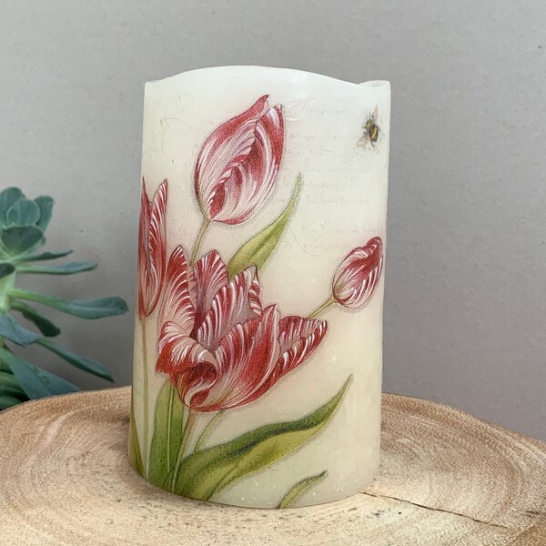 LED Candle "Mini Tulips" - floral art candle with hand painted details - home decoration - unique hand decorated candles - decoupage