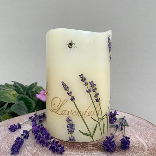 LED Candle "Lavender flowers" - floral art candle with hand painted 3D details - home decoration - unique hand decorated candles - decoupage