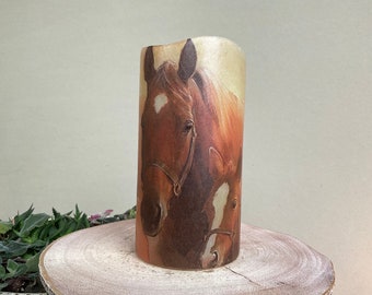 LED Candle "Horses" -  animal pillar wax candle with hand painted details - hand decorated art candles - decoupage