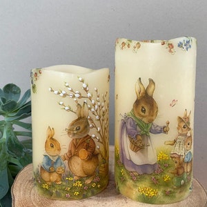 Hand Decorated Easter Bunny LED Candle – Decoupage Rabbit Family