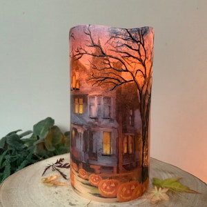 Hand Decorated Halloween LED Candle – Horror House, Pumpkins