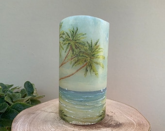 LED Candle "Paradise island" -  sea themed pillar candle - landscape - beach coast palms - home decoration - hand decorated art wax candles