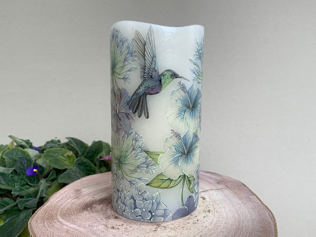 LED Candle hummingbird in Blue Floral Art Wax Pillar Candles Hand