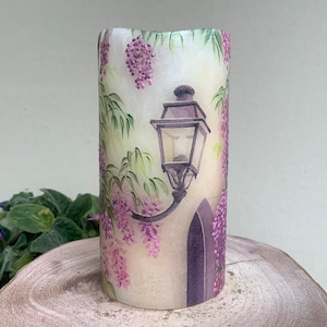 LED Candle "The purple lantern" - floral pillar candle with hand painted details - unique hand decorated art candles - decoupage