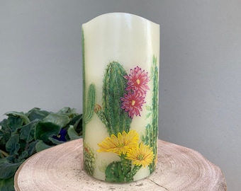 LED Candle "Cactus flowers" -  floral pillar art wax candles - 3D details - desert plants - hand decorated - decoupage