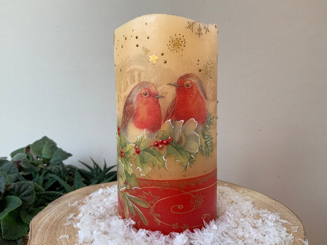 Hand Decorated LED Candle – Winter Robin & Holly Pillar - Etsy