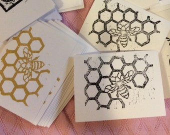 Gold or Black Honeycomb and Bee cards - woodcut relief block hand printed