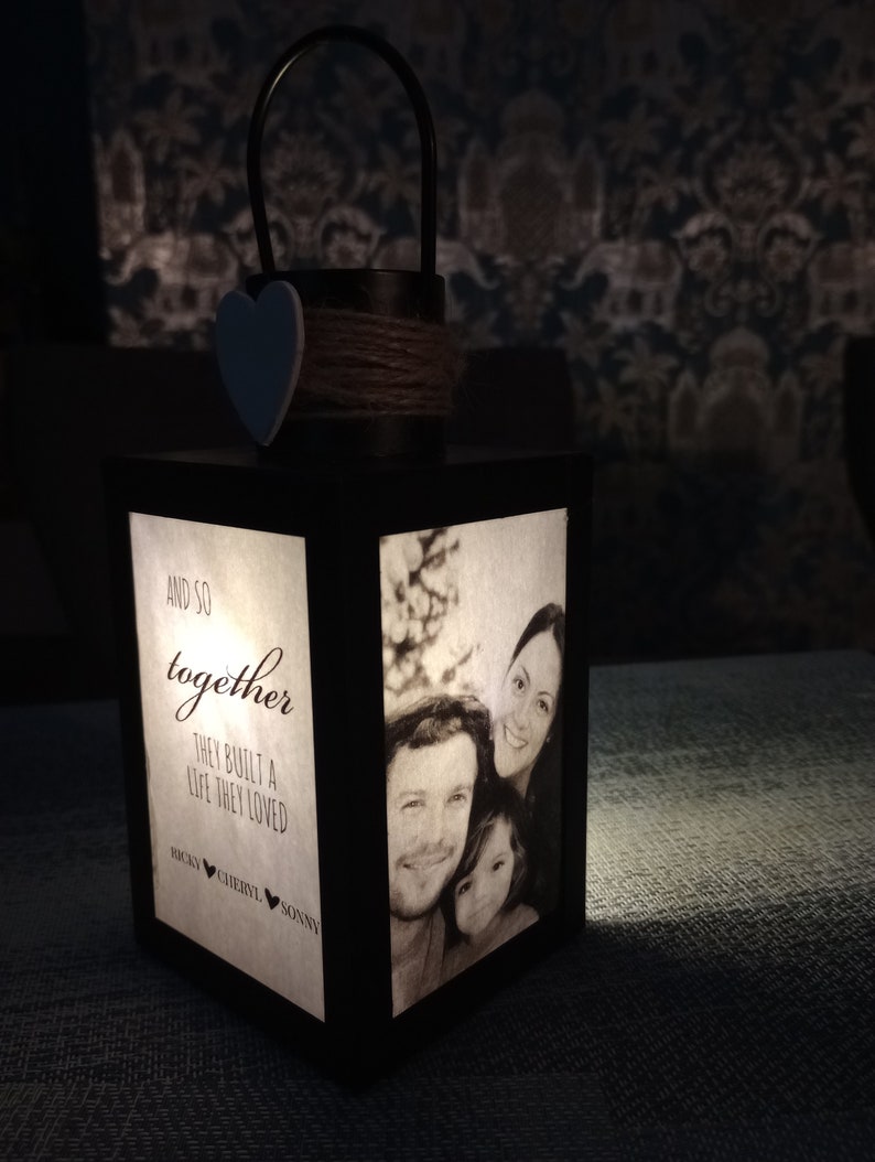 Hand made personalised photo lantern/lamp. Light up photos.Remembering Loved Ones at Wedding In Loving Memory Wedding Memorial image 9