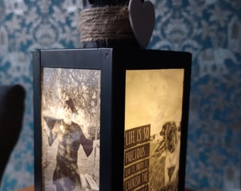 Hand made personalised photo lantern/lamp. Light up photos.Remembering Loved Ones at Wedding - In Loving Memory - Wedding Memorial