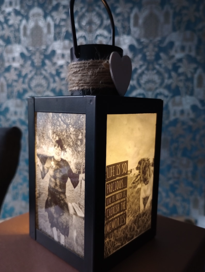 Hand made personalised photo lantern/lamp. Light up photos.Remembering Loved Ones at Wedding In Loving Memory Wedding Memorial image 1