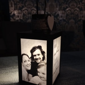 Hand made personalised photo lantern/lamp. Light up photos.Remembering Loved Ones at Wedding In Loving Memory Wedding Memorial image 8