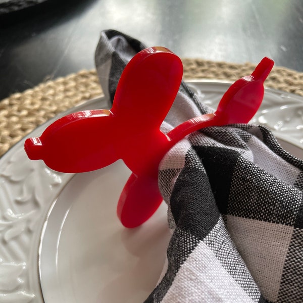 4 Acrylic Balloon Dog Napkin Rings, Red,Blue,Green,Yellow, Happy Birthday Table Decor, Place Setting, Children's Party Decoration, Fun Puppy